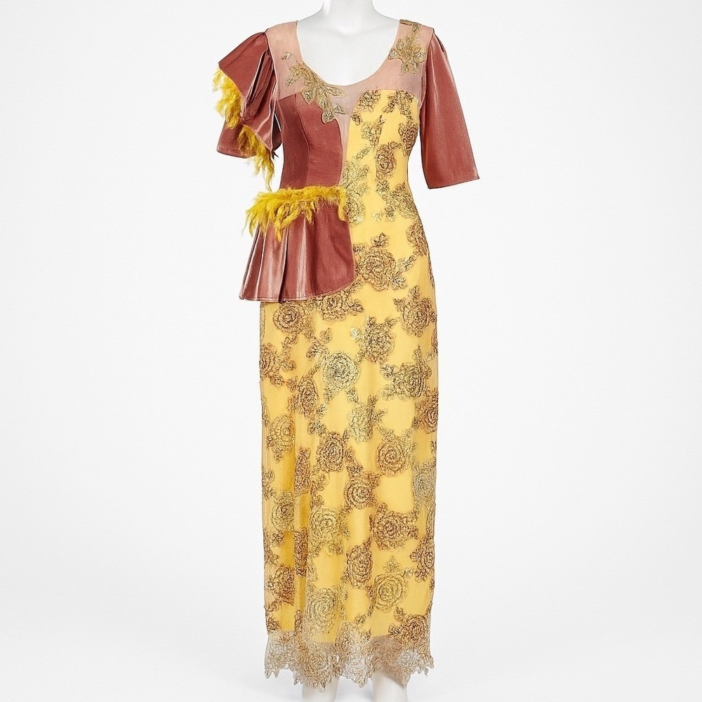RenFest Pastel‎ Yellow Sequin Rose Maxi Dress 2X Feather Velvet Embellished